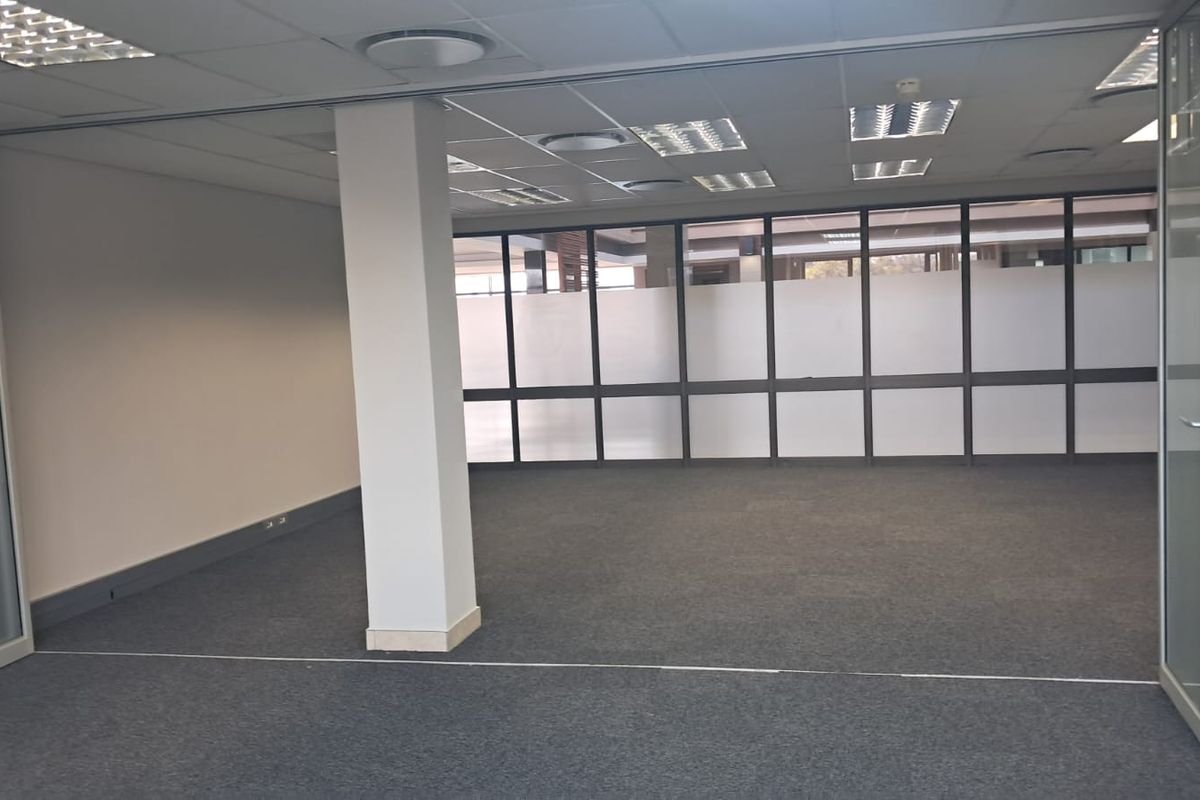A spacious, empty office area featuring carpeted flooring, a suspended ceiling with recessed lighting, and large aluminium-framed windows providing natural light.