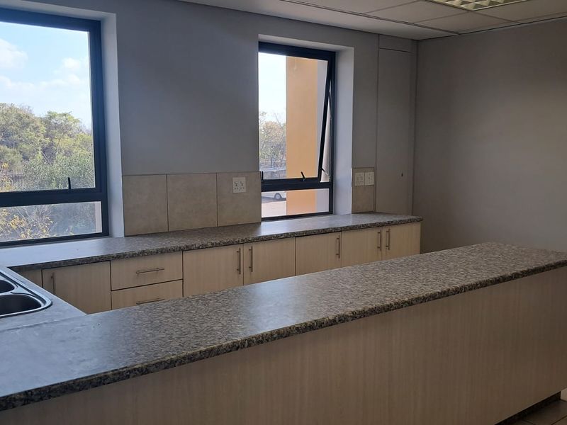 A clean, empty office kitchenette featuring light-toned cabinetry, granite-look countertops, a double sink, and large windows providing natural light.
