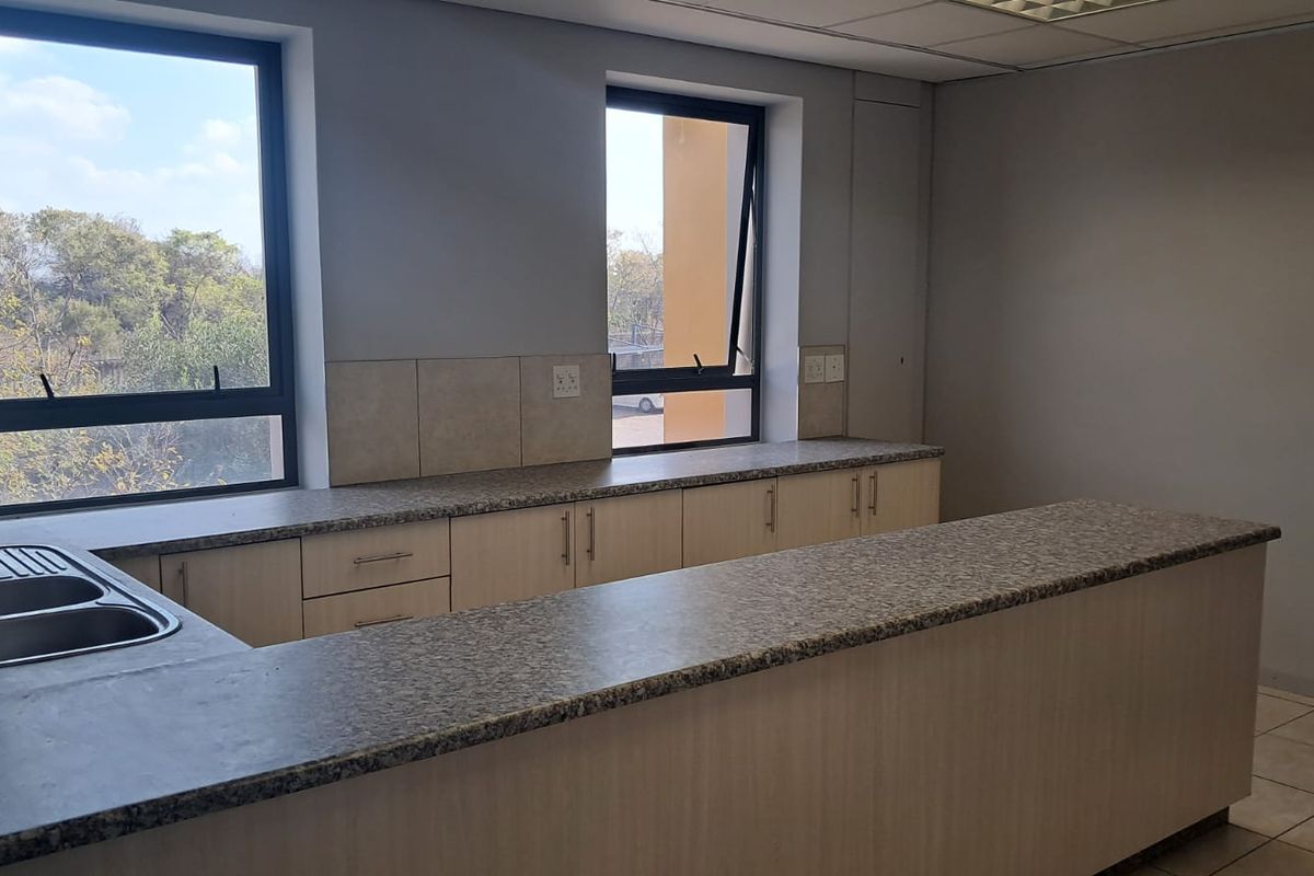 A clean, empty office kitchenette featuring light-toned cabinetry, granite-look countertops, a double sink, and large windows providing natural light.