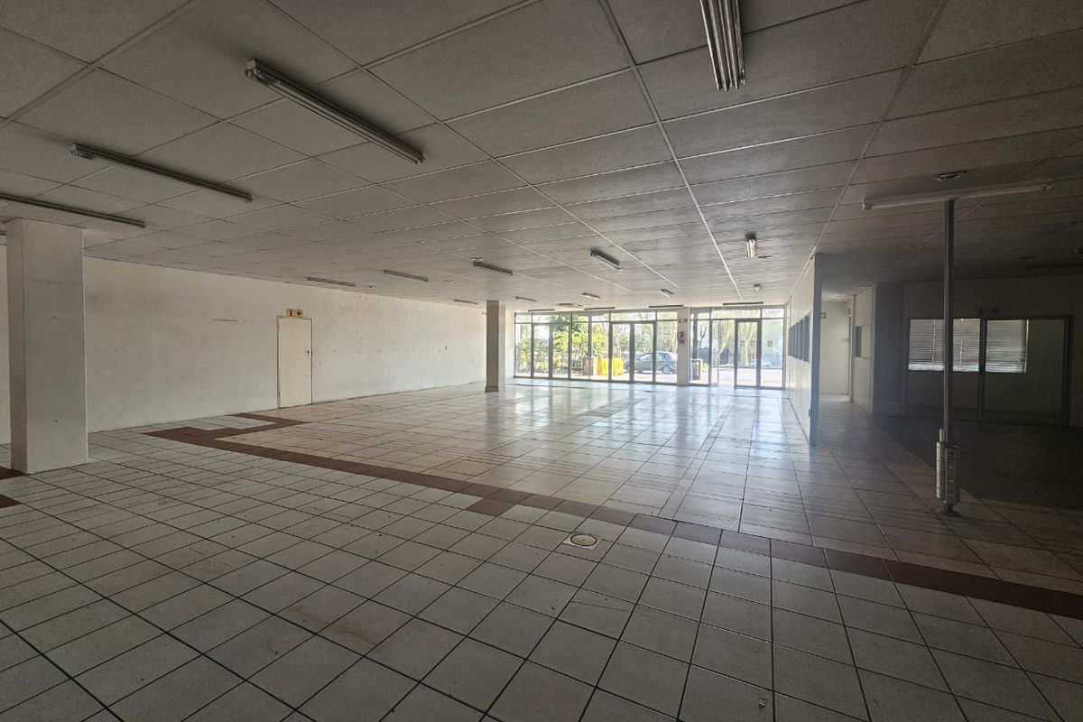 A spacious, vacant open-plan retail unit featuring ceramic tiled flooring, a suspended ceiling with integrated lighting, and large glass storefront windows.