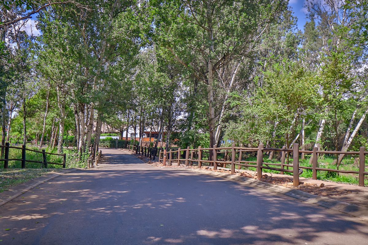 A paved access road lined with mature trees and timber fencing, providing a scenic approach to the industrial property.