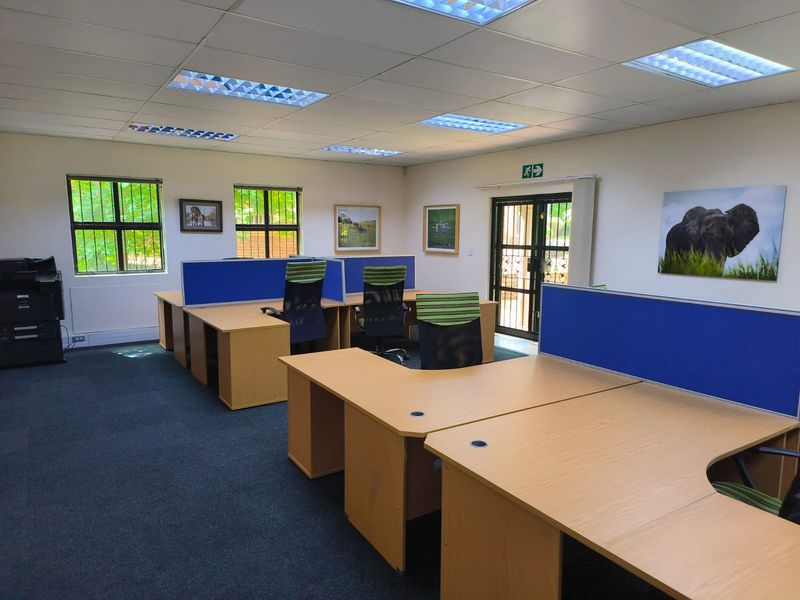 A functional office space featuring carpeted flooring, recessed fluorescent lighting, and security-fitted windows and doors.