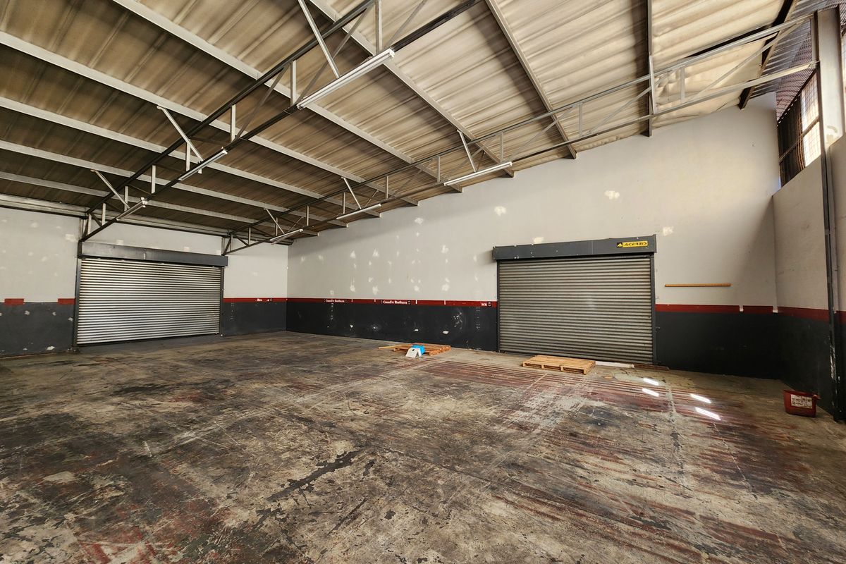 Spacious industrial utility area featuring high ceilings with exposed steel trusses, concrete flooring, and two large roller shutter doors for easy access.