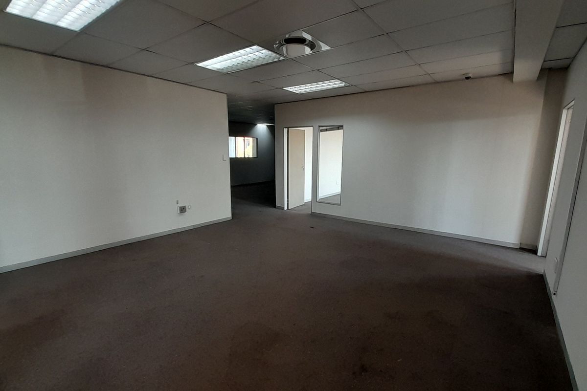 An empty, open-plan office space featuring a suspended ceiling with recessed lighting and carpeted flooring, offering a blank canvas for professional workspace configuration.