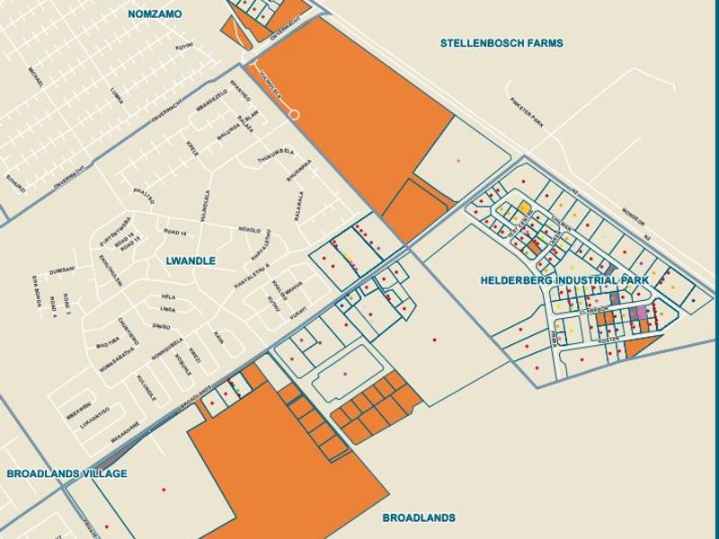 A detailed area map showing the location of Helderberg Industrial Park in relation to surrounding residential areas and major road networks.