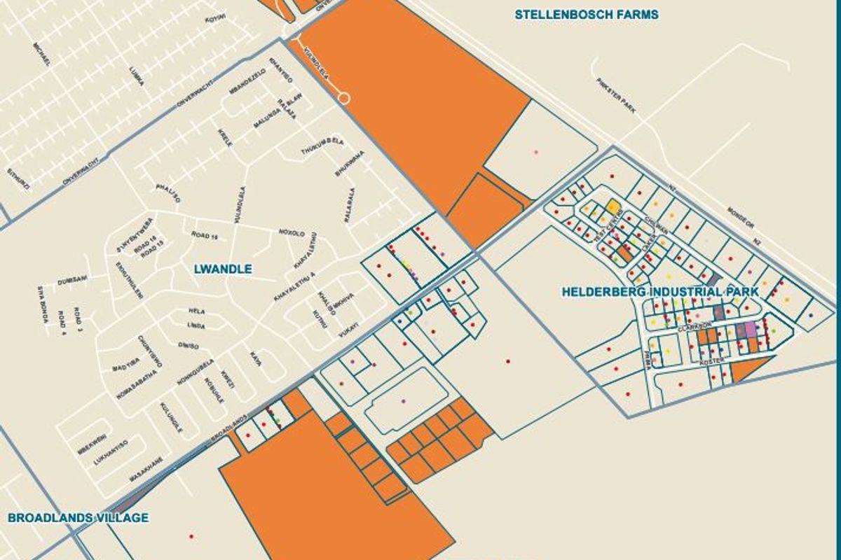A detailed area map showing the location of Helderberg Industrial Park in relation to surrounding residential areas and major road networks.