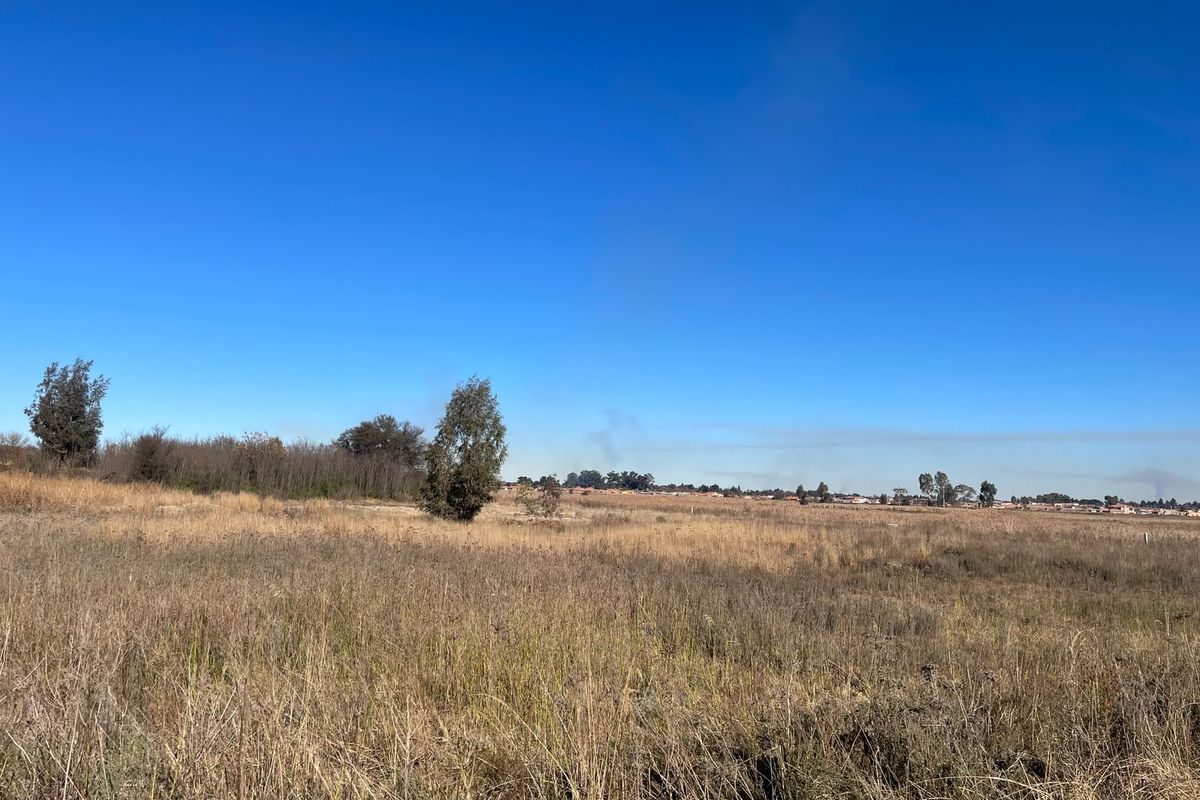A wide-angle view of a vacant commercial land plot featuring natural grass and scattered trees under a clear blue sky.