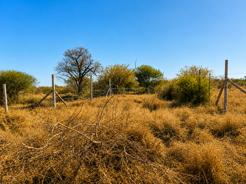 Open farm land featuring dry grass, native shrubs, and perimeter wire fencing with wooden support posts.
