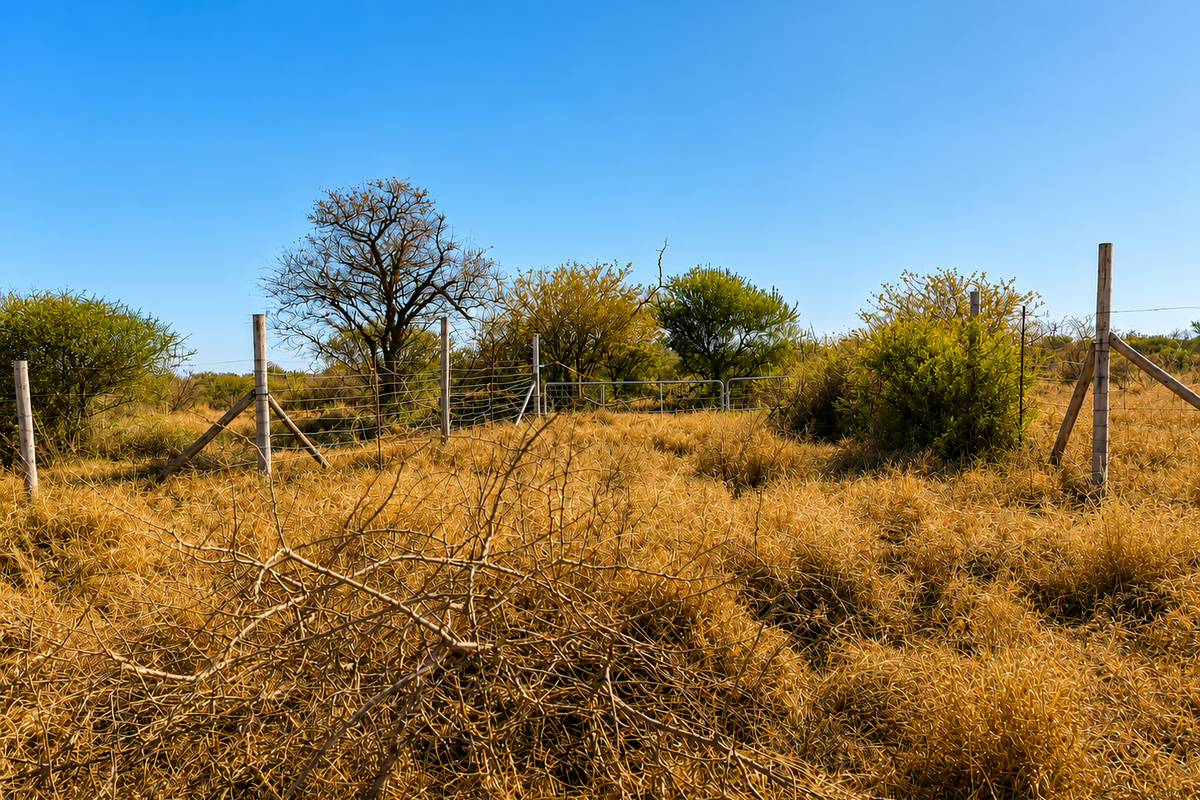 Open farm land featuring dry grass, native shrubs, and perimeter wire fencing with wooden support posts.
