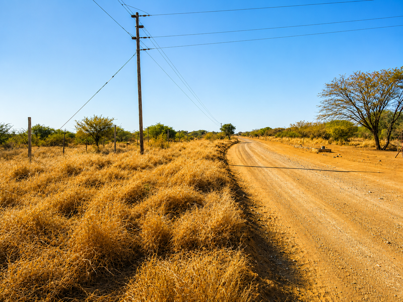 A view of a rural dirt road on a farm, featuring overhead utility lines and surrounding dry grassland.