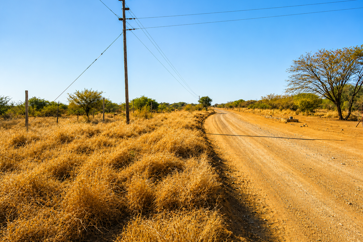 A view of a rural dirt road on a farm, featuring overhead utility lines and surrounding dry grassland.