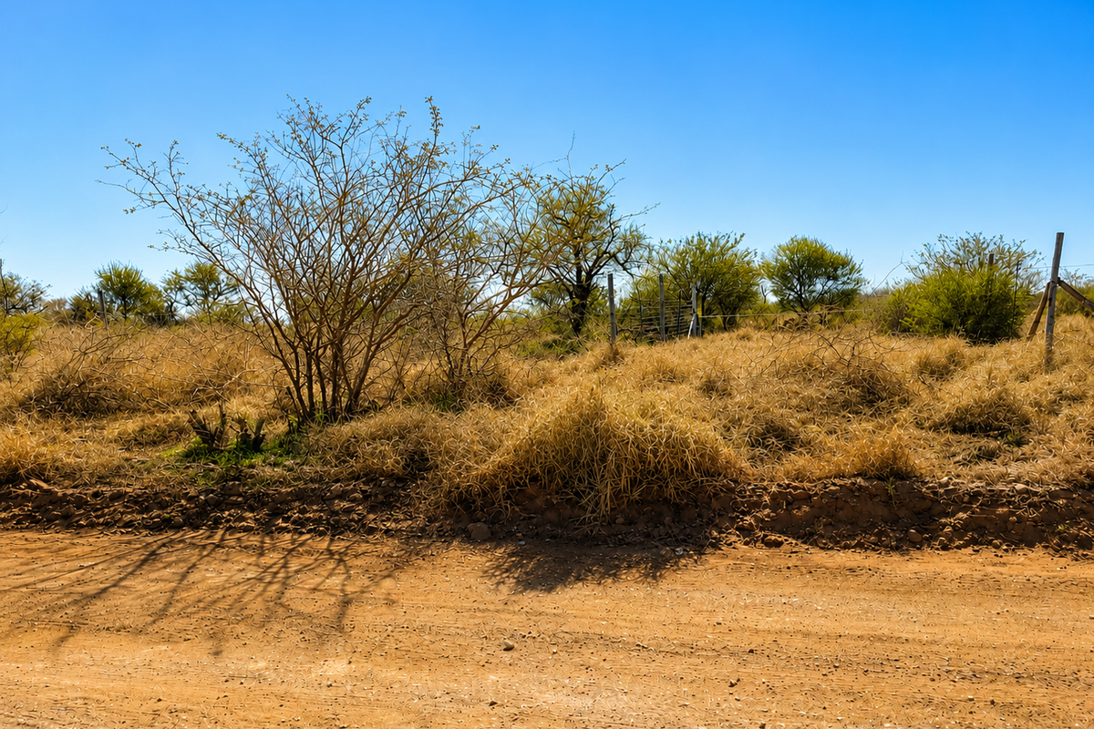 A view of the farm property boundary featuring a dirt road and wire fencing along the perimeter.
