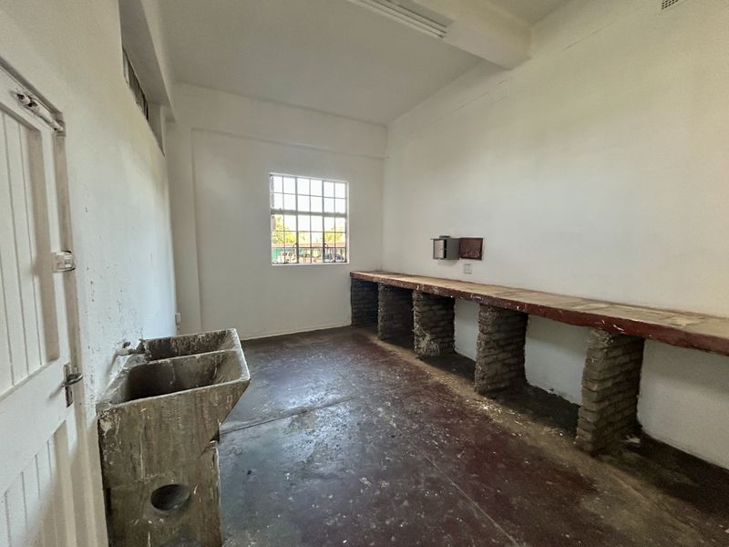 A vacant utility or scullery area featuring a concrete double sink, brick-based work surfaces, and a steel-framed window.