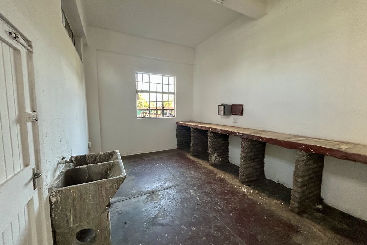 A vacant utility or scullery area featuring a concrete double sink, brick-based work surfaces, and a steel-framed window.