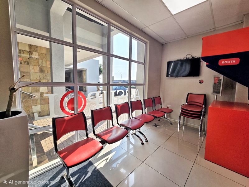 A bright office reception or waiting area featuring large glass windows, tiled flooring, and a suspended ceiling.