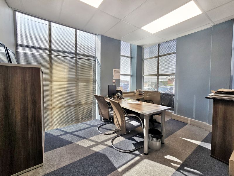 A bright, professional office space featuring large floor-to-ceiling windows with venetian blinds, suspended ceiling tiles, and durable carpet flooring.