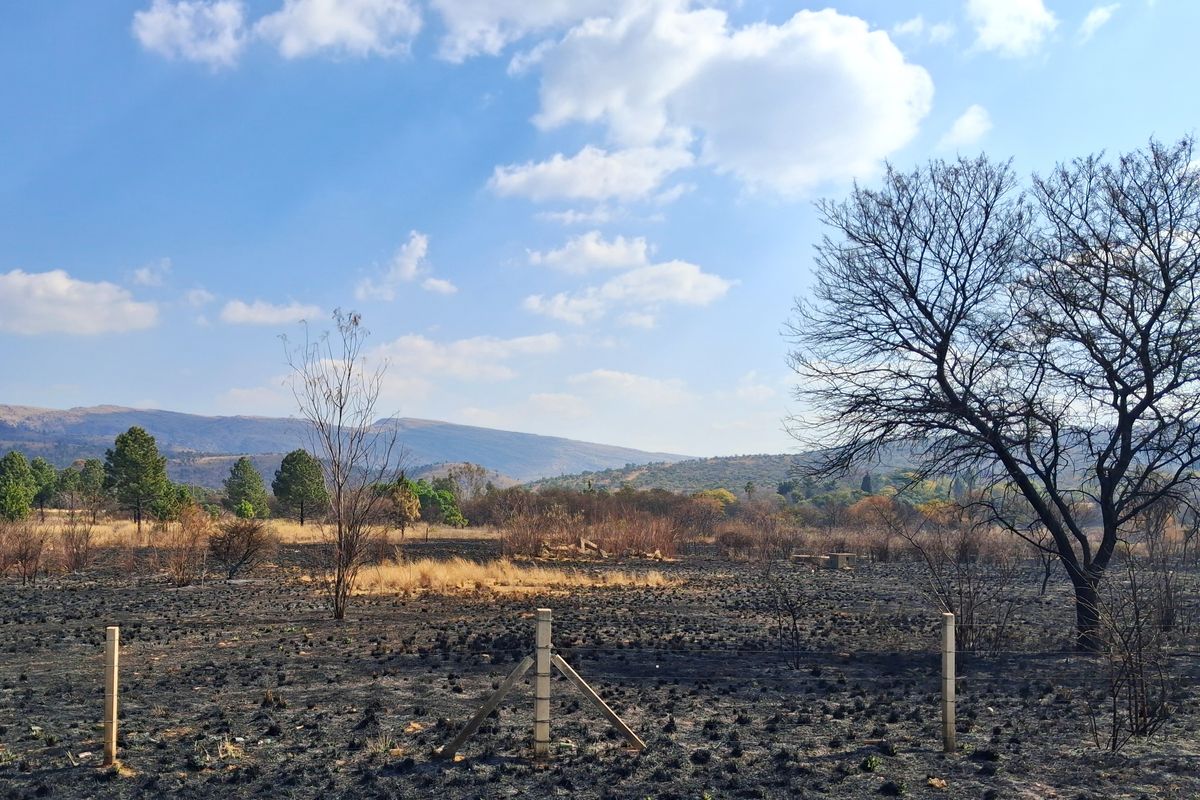 A view of a vacant commercial land plot featuring scorched earth from recent fire damage, enclosed by a basic wire and concrete post fence.