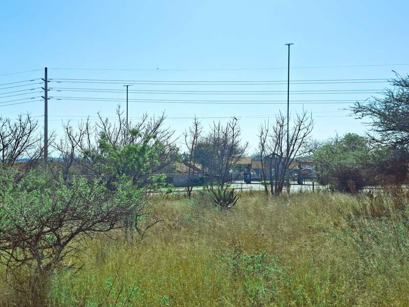 A view of a vacant commercial land plot featuring natural vegetation, utility poles, and overhead power lines.