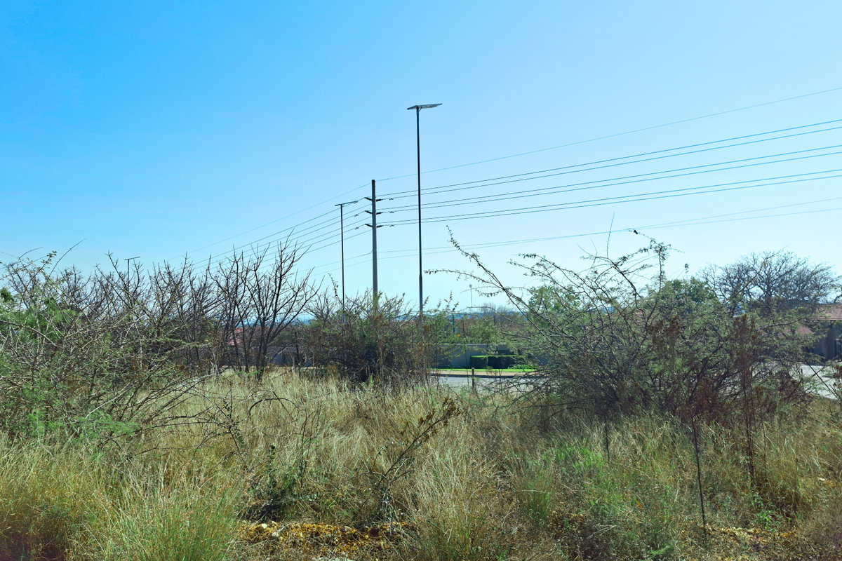 A view of a vacant commercial land plot featuring natural vegetation, utility poles, and overhead power lines.