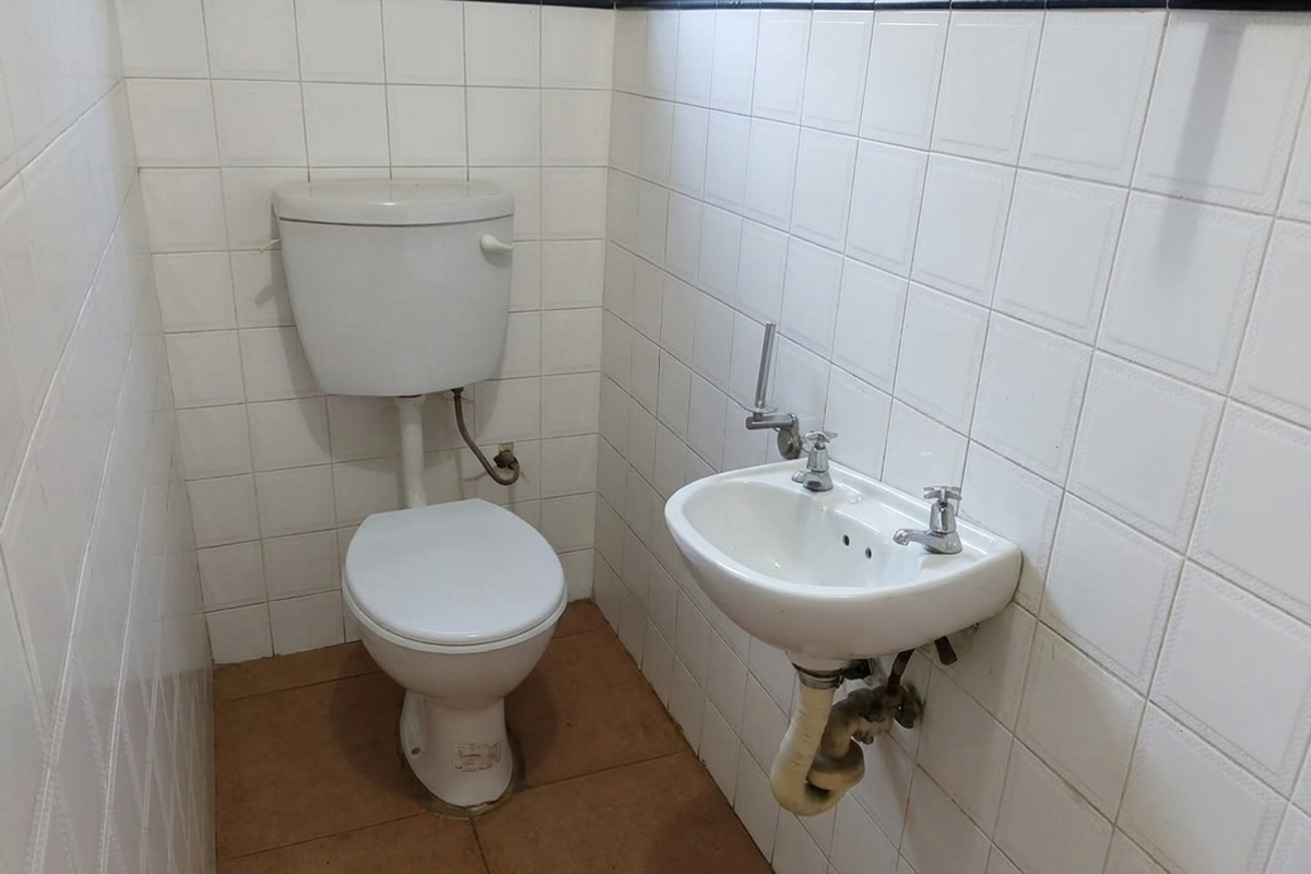 A compact commercial bathroom featuring a wall-mounted basin and standard toilet with tiled walls and exposed plumbing.