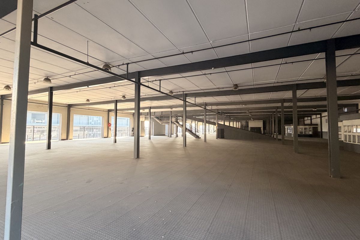 Expansive open-plan commercial space featuring industrial steel columns, suspended ceilings, and large windows, offering a versatile layout for various business operations.