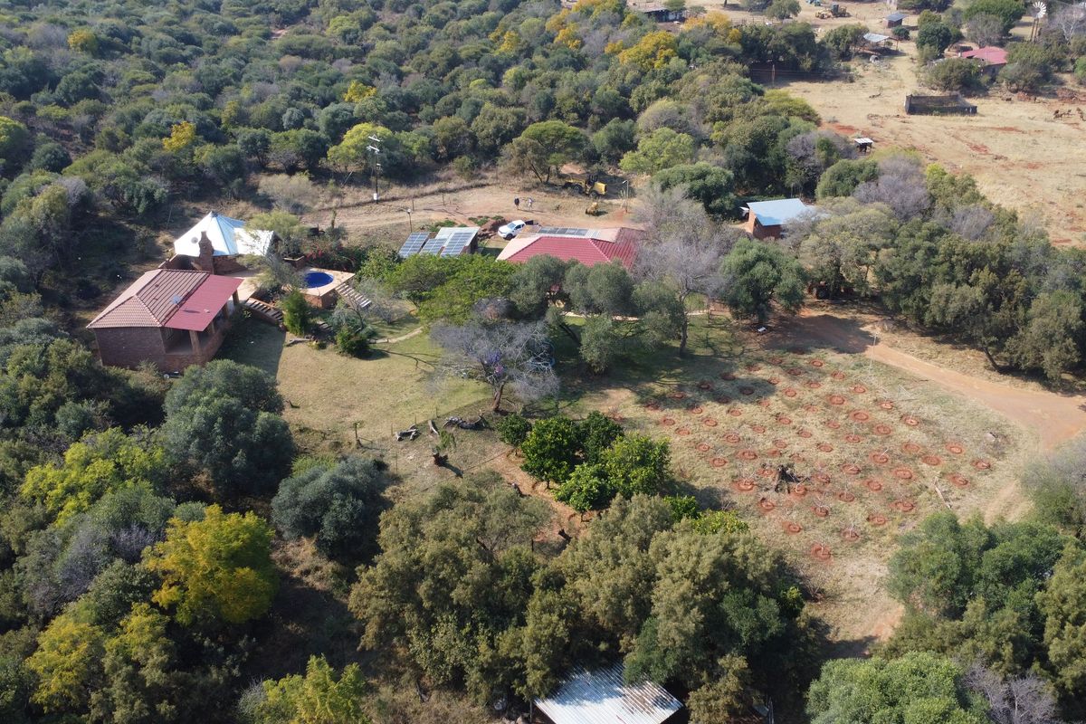 Aerial view of a rural farm property featuring multiple buildings, a swimming pool, solar panel installation, and an established orchard area.