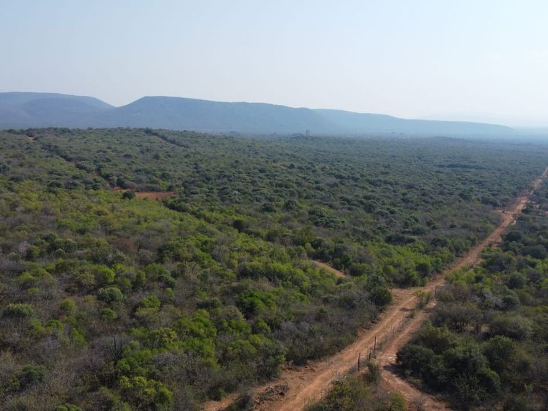 An aerial view of the expansive farm landscape featuring natural bushveld, mountain vistas, and a dirt access road.