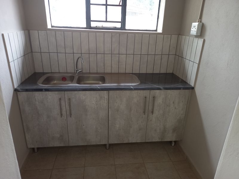 A clean and functional scullery area featuring modern concrete-look cabinetry, a stainless steel double sink, and a tiled backsplash.