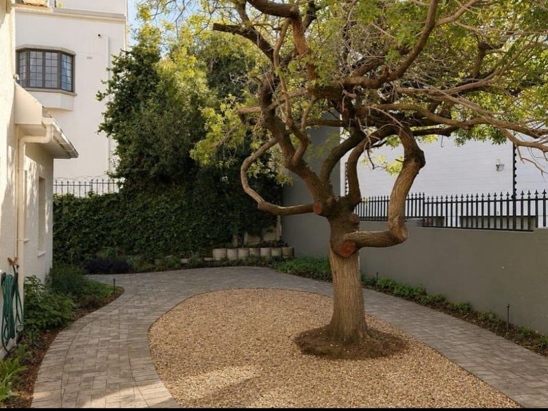 A well-maintained garden area featuring a paved walkway, gravel landscaping, and a mature tree, enclosed by a perimeter wall and metal fencing.