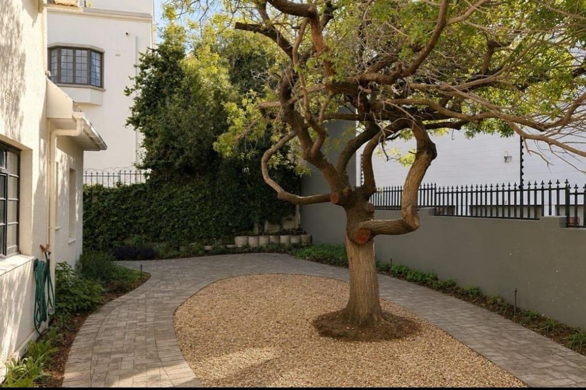 A well-maintained garden area featuring a paved walkway, gravel landscaping, and a mature tree, enclosed by a perimeter wall and metal fencing.
