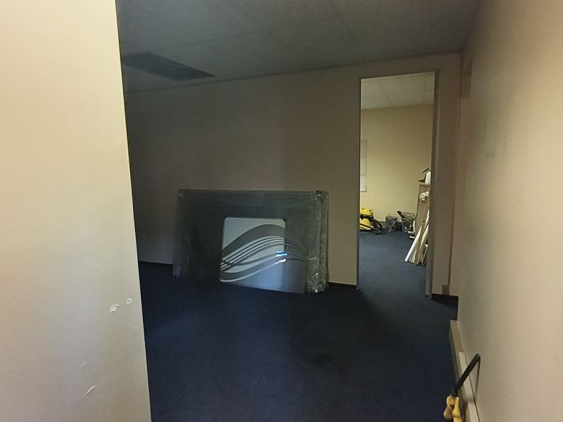 An empty office space featuring a suspended ceiling and blue carpet flooring, showing signs of wear and requiring cosmetic updates.