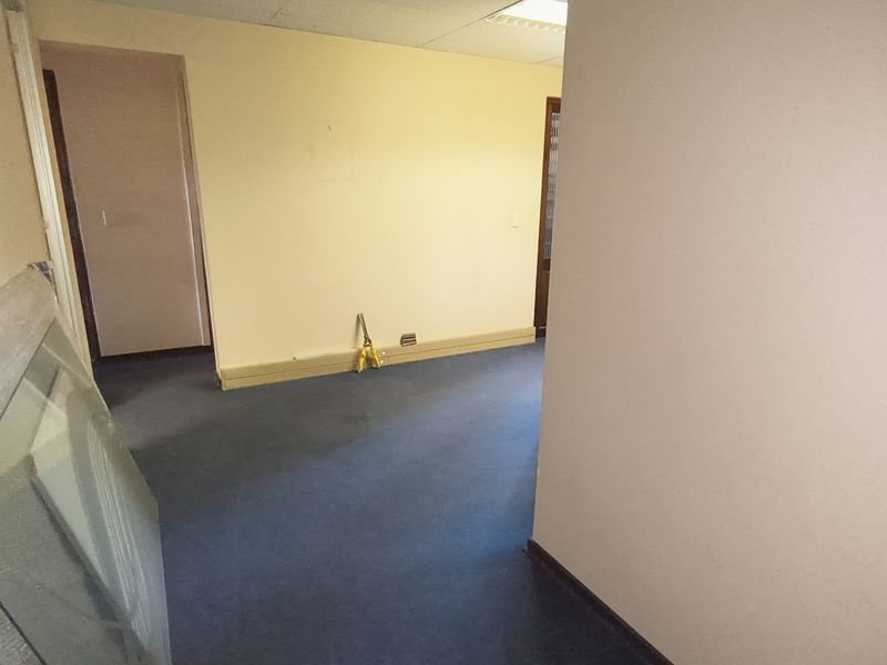An empty office space featuring blue carpet flooring, neutral walls, and a suspended ceiling with recessed lighting.