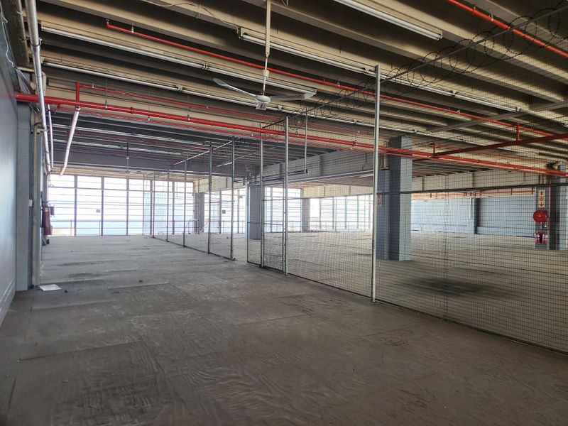 Expansive industrial utility space featuring exposed fire sprinkler systems, wire mesh partitioning, and large windows providing ample natural light.