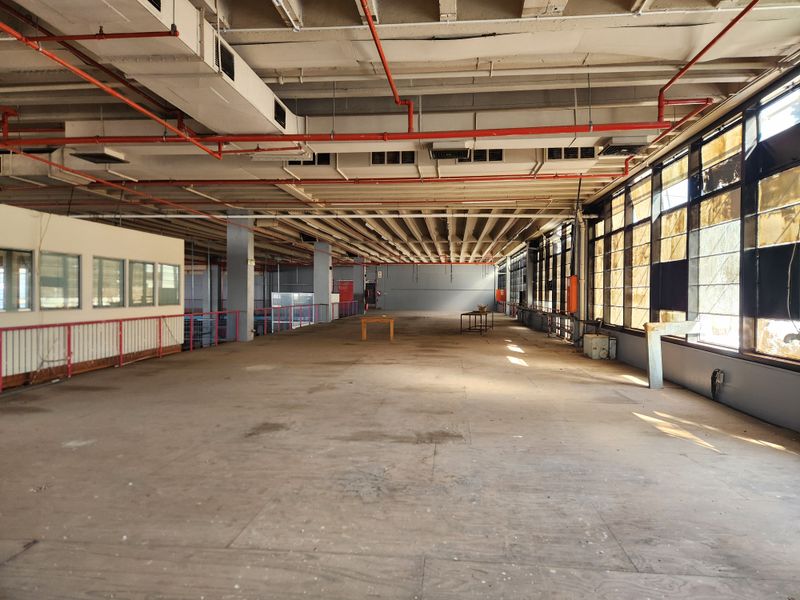Expansive industrial warehouse space featuring exposed fire sprinkler systems, high ceilings, large steel-framed windows, and an integrated office partition.
