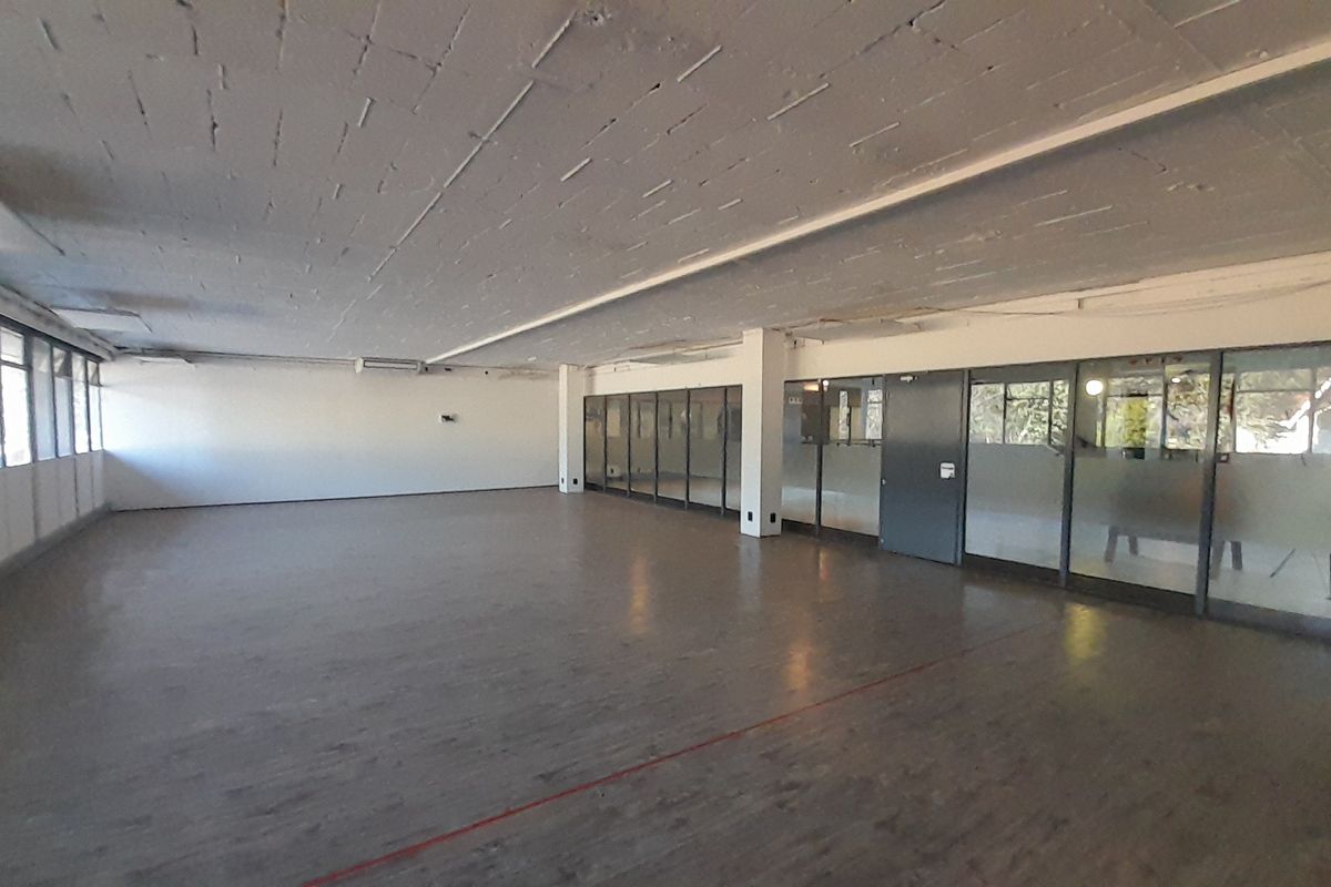 Spacious open-plan office area featuring exposed concrete ceilings, large windows for natural light, and glass partition walls.