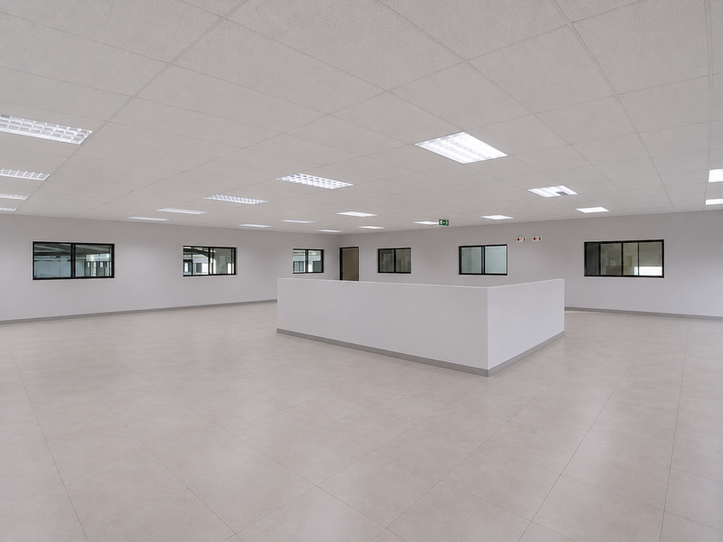 A spacious, open-plan industrial office area featuring neutral tiled flooring, a suspended ceiling with recessed lighting, and large windows providing ample natural light.