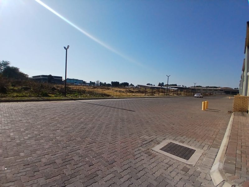 A view of the paved industrial access road and driveway, featuring street lighting, drainage infrastructure, and bollards.