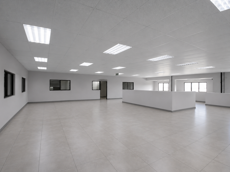 Spacious, open-plan industrial office area featuring modern ceramic tile flooring, a suspended ceiling with recessed lighting, and large windows providing ample natural light.