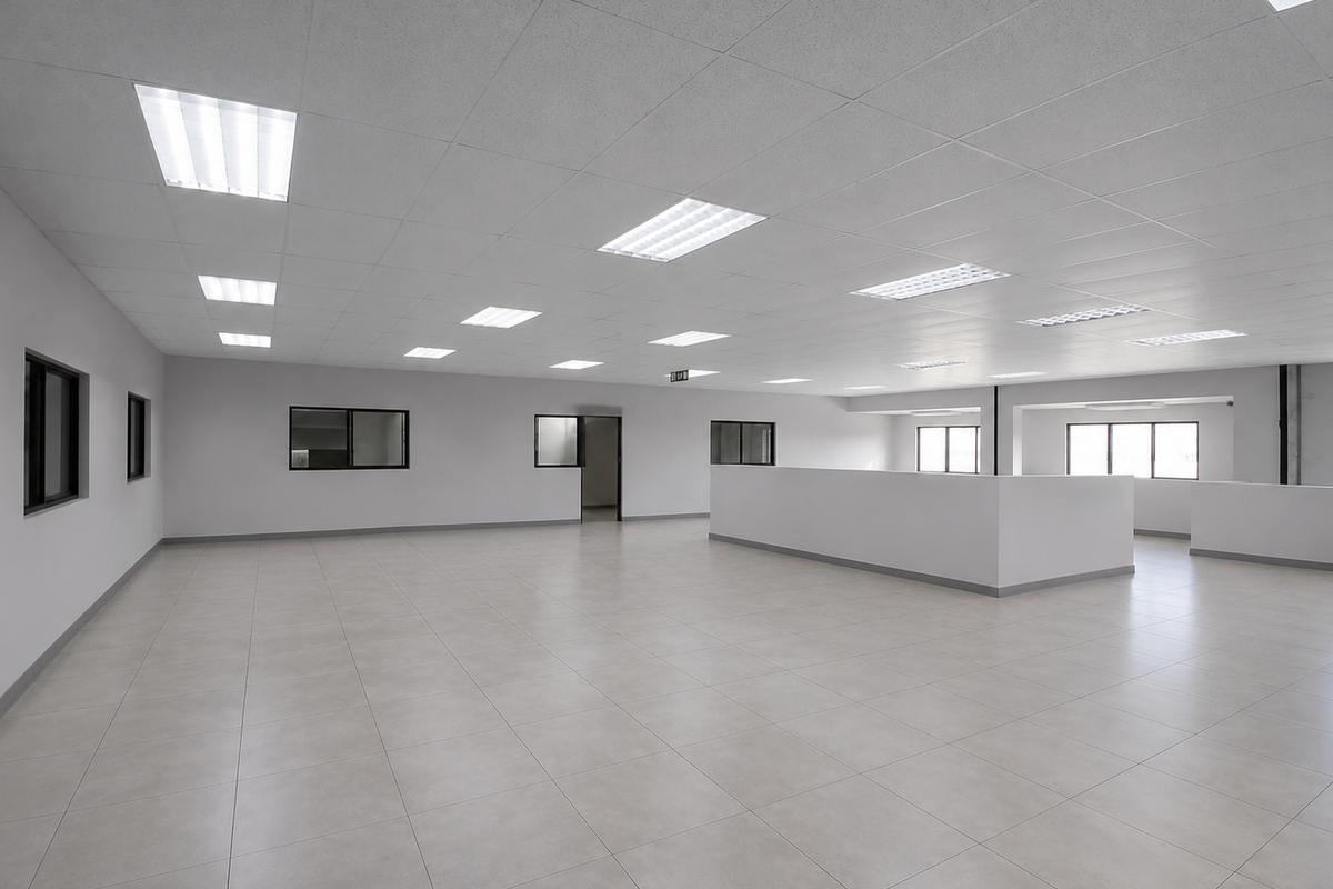 Spacious, open-plan industrial office area featuring modern ceramic tile flooring, a suspended ceiling with recessed lighting, and large windows providing ample natural light.