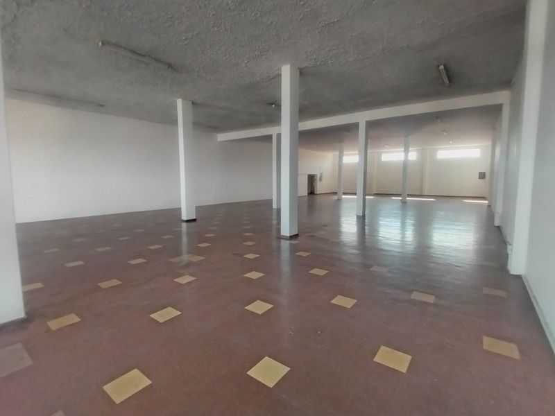 A large, open-plan retail space featuring structural support columns, fluorescent lighting, and patterned vinyl flooring, offering a versatile layout for various business needs.