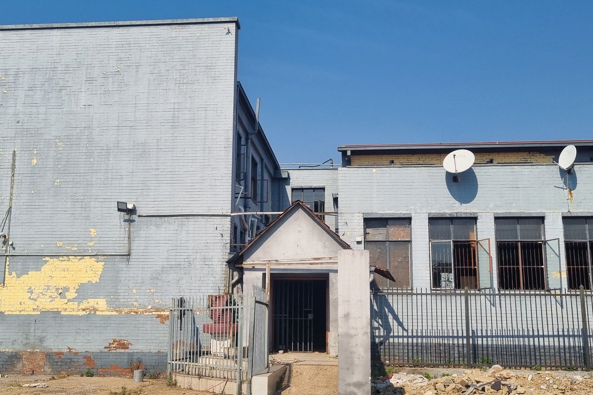 Rear exterior view of the apartment building showing brick facade with significant paint peeling and security features including bars and fencing.