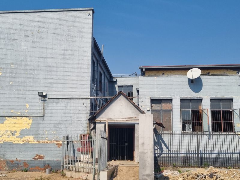 Rear exterior view of the apartment building showing brick facade with significant paint peeling and security features including bars and fencing.