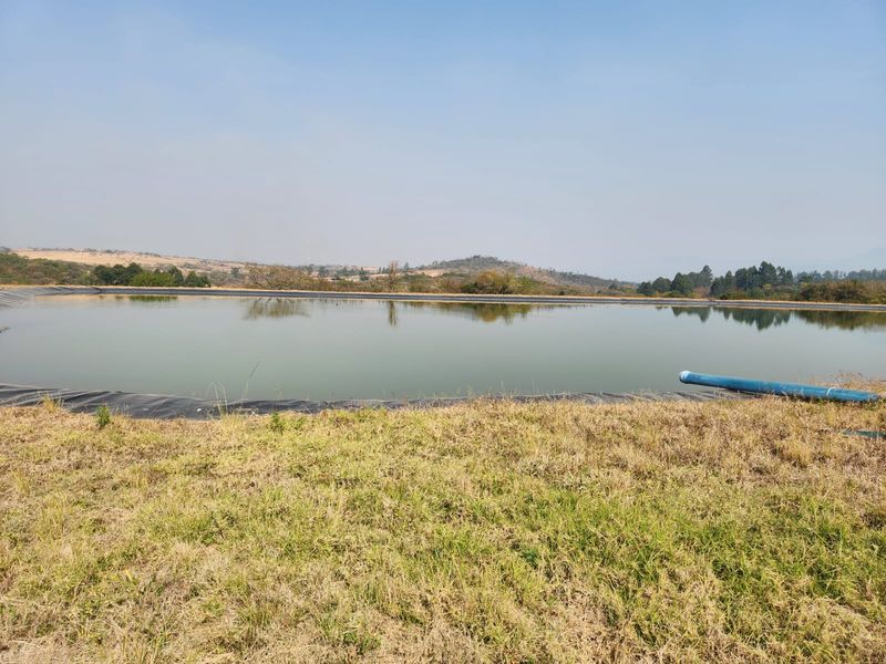 A wide view of a lined farm dam with surrounding rural landscape and an irrigation pipe visible on the bank.