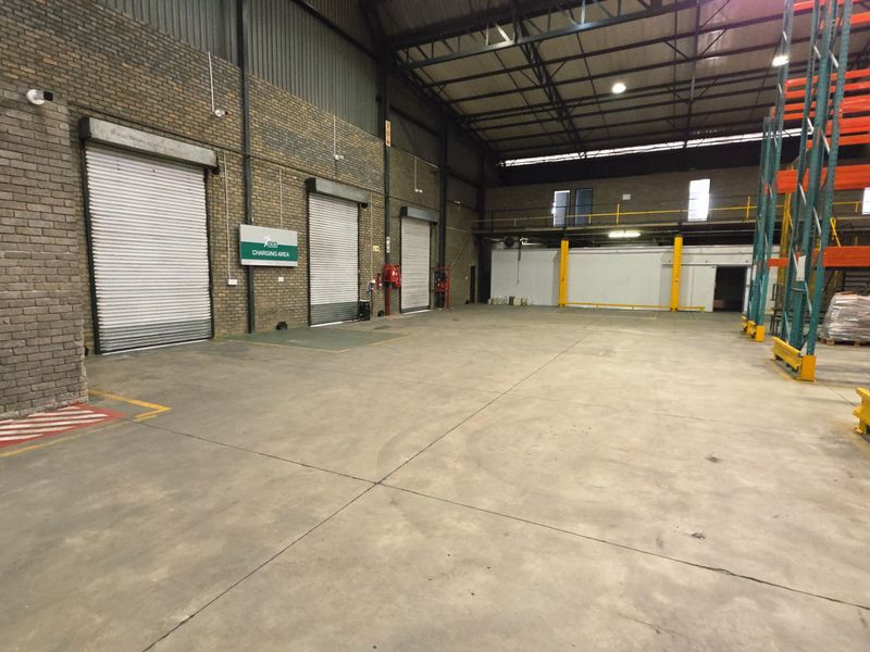 Spacious industrial warehouse featuring high ceilings, multiple roller shutter doors, concrete flooring, and integrated heavy-duty racking systems.