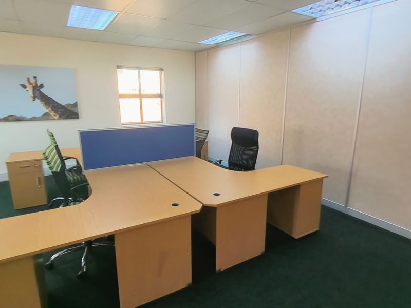 A functional office space featuring a suspended ceiling with recessed lighting, carpeted flooring, and modular partition walls.
