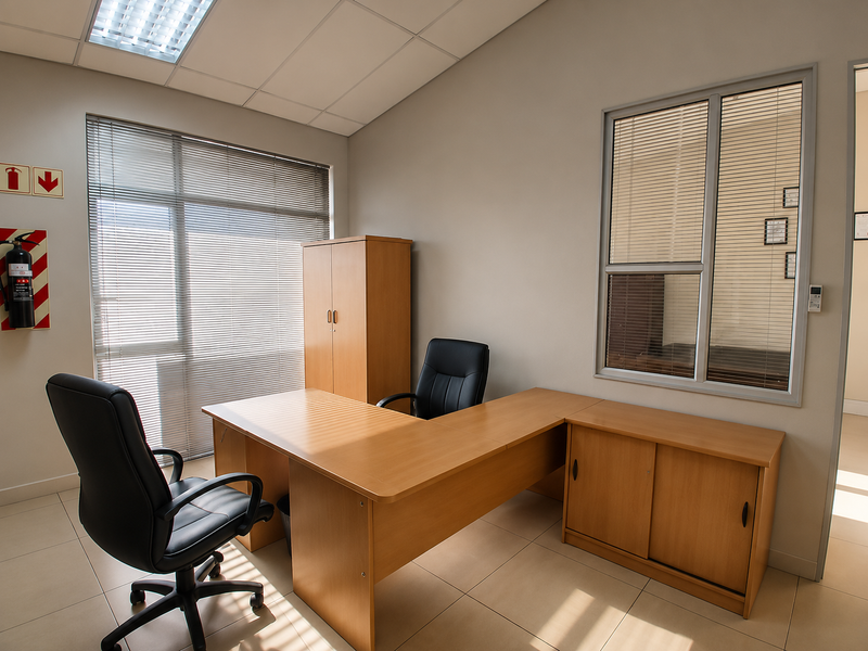 A professional office space featuring ceramic tiled flooring, a suspended ceiling with integrated lighting, and an internal glass partition with venetian blinds.
