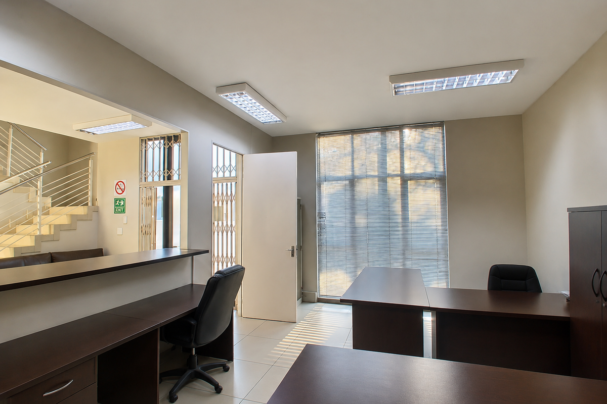 A professional office space featuring tiled flooring, built-in reception desk, fluorescent lighting, and secure access points with security gates.