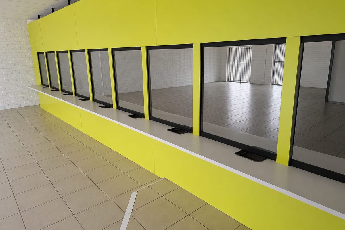Commercial service area featuring a long counter with multiple security glass partitions, tiled flooring, and secure window bars.