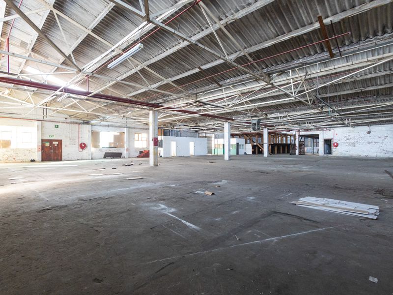 Expansive industrial warehouse space featuring high ceilings with exposed steel trusses, concrete flooring, and functional fire safety infrastructure.