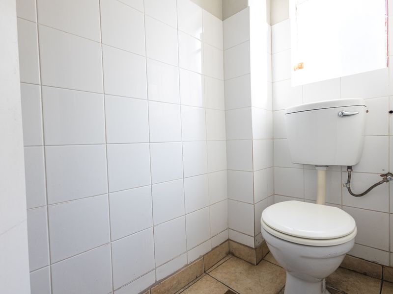 A functional bathroom space featuring white wall tiling and a standard toilet, currently in need of cosmetic updates and maintenance.